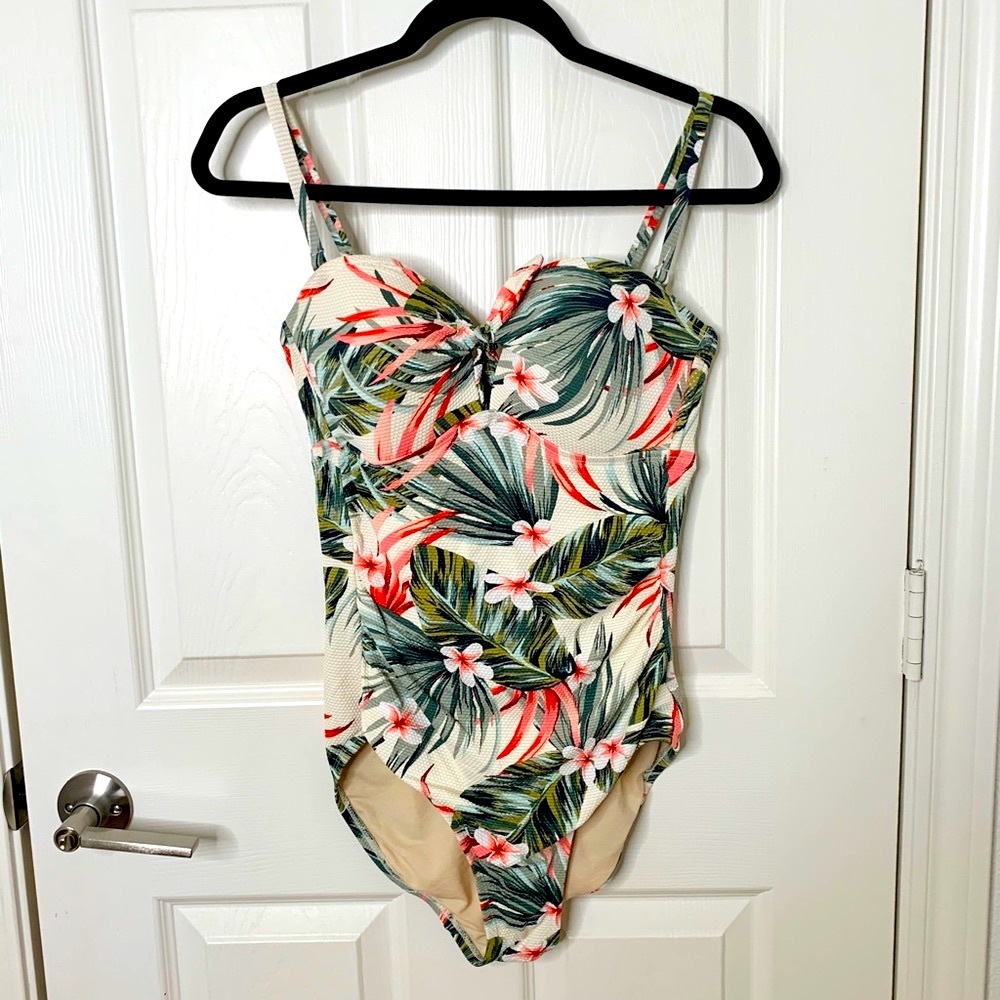 Kona Sol Tropical Print Pique Bandeau Full Coverage One Piece Textured Swimsuit